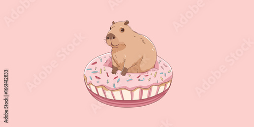 Cute cartoon capybara sitting calmly inside a large pink frosted donut with colorful sprinkles.