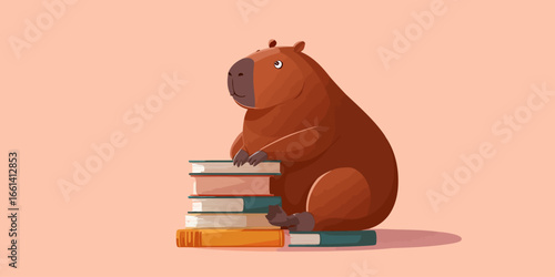 A charming illustrated capybara sitting calmly with its paws resting on a stack of colorful books.