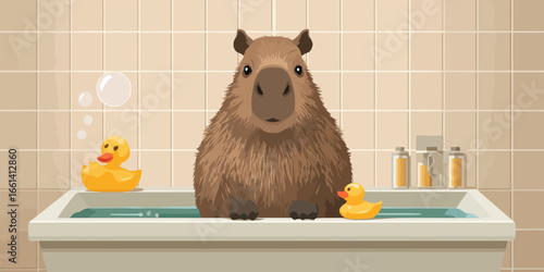Adorable illustrated capybara with shaggy brown fur relaxing in a bathtub with rubber ducks.