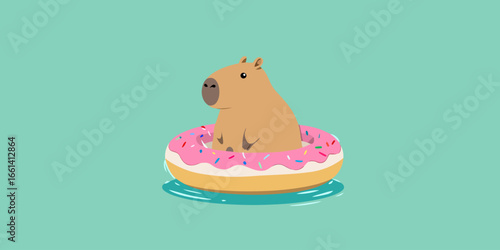 A cute cartoon capybara relaxing in a pink frosted donut floatie with colorful sprinkles.