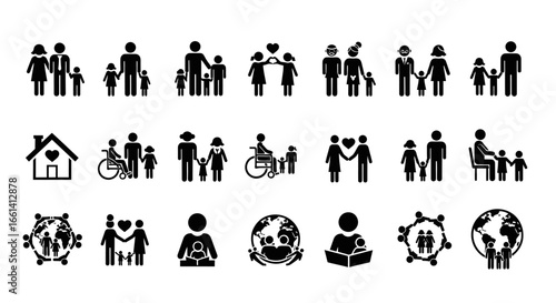 A collection of various black and white family icons representing different family structures and concepts.