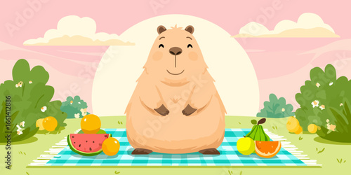 Adorable smiling capybara character enjoying a summer picnic on a checkered blanket with watermelon and oranges.