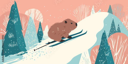 Whimsical brown beaver character skiing downhill with a single pole.