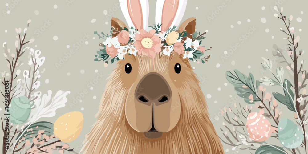 Naklejka premium Illustrated portrait of a cute capybara wearing a pastel floral crown and pink bunny ears for Easter.