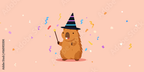 A charming cartoon groundhog magician wearing a striped wizard hat and holding a star-tipped wand.