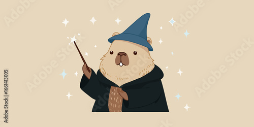 A cute cartoon groundhog wizard wearing a blue pointed hat and a black robe, holding a sparkling magic wand.