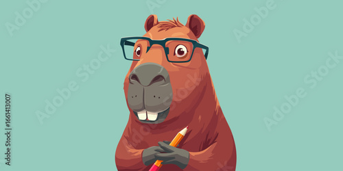 Smart brown capybara character wearing black glasses and holding a colored pencil.