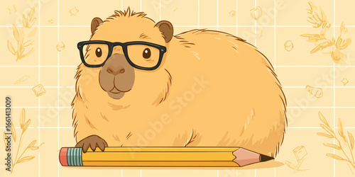 A studious cartoon capybara with fluffy fur and black glasses, resting on a large yellow pencil.