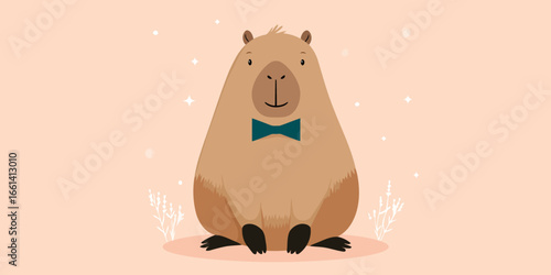 A charming cartoon capybara character sitting down and wearing a dark teal bow tie.