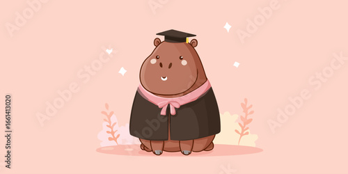 Chubby kawaii hippopotamus graduate wearing a black mortarboard, gown, and pink stole.