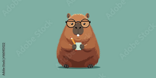 Cute cartoon beaver with round glasses and buck teeth, holding a pencil and notepad.