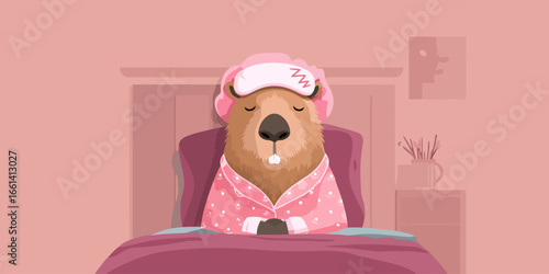 Sleepy cartoon beaver in pink polka dot pajamas and an eye mask, sitting in bed with eyes closed.