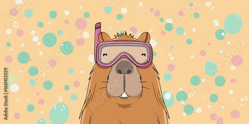 Cute cartoon capybara with buck teeth wearing a pink snorkel mask and goggles.
