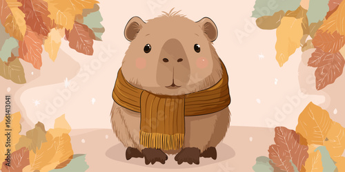 Adorable cartoon capybara with rosy cheeks wearing a cozy, fringed mustard-yellow scarf.