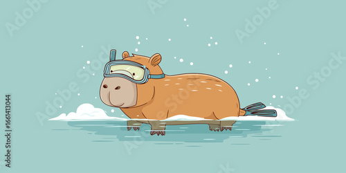 A cute cartoon capybara wearing a blue snorkel mask and flippers, standing in chilly water.