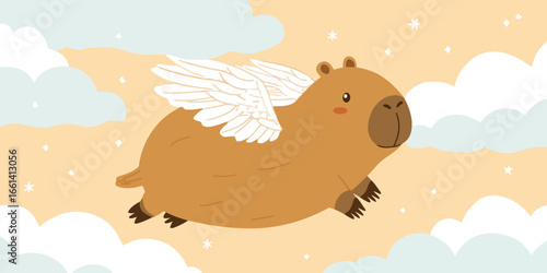 A cute, chubby brown capybara with small white angel wings flying. Whimsical cartoon animal character.