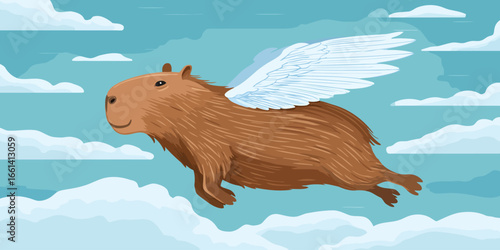 A charming illustrated brown capybara with large white feathered wings, flying with a gentle smile.