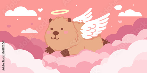 Fluffy brown angelic capybara with white wings and a golden halo, smiling sweetly.