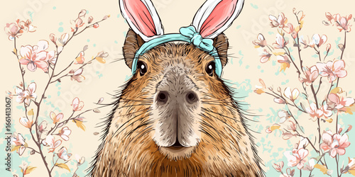 A cute, illustrated capybara with detailed brown fur wearing a blue headband with pink bunny ears.