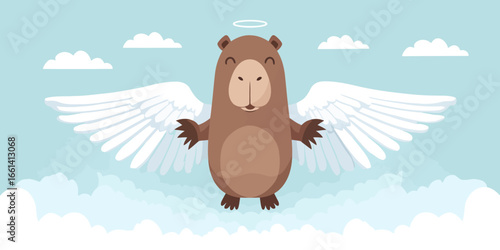 A cute brown cartoon groundhog character with large white angel wings and a halo, smiling serenely.