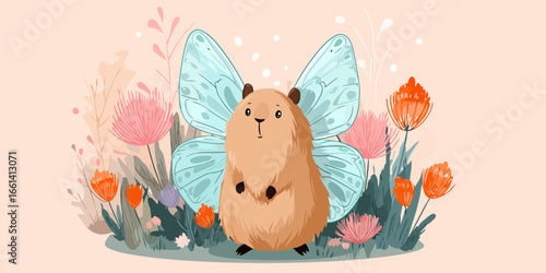 Adorable cartoon capybara with large, light blue butterfly wings standing upright.