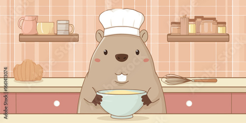 Charming cartoon beaver chef with buck teeth and a white toque, holding a mixing bowl.