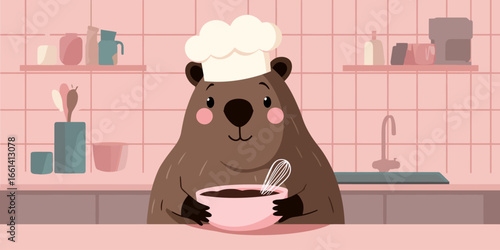 A charming cartoon brown bear in a chef's hat, smiling while mixing chocolate batter in a pink bowl.