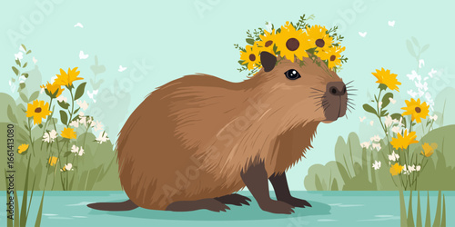 Charming brown capybara illustration with a beautiful yellow sunflower floral crown, sitting in a calm profile pose.