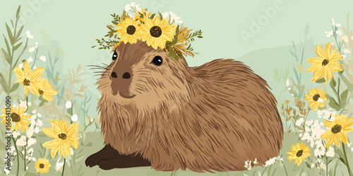 Charming illustrated capybara with shaggy brown fur wearing a beautiful crown of yellow sunflowers.