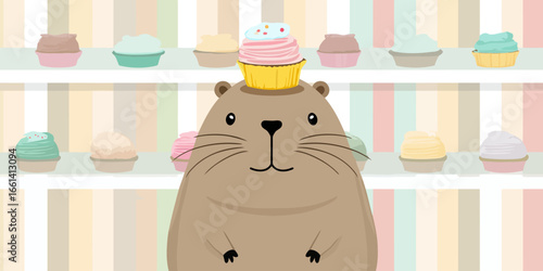 Cute cartoon capybara balancing a colorful pink and blue frosted cupcake with sprinkles on its head.