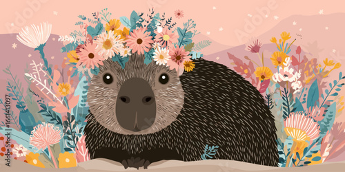 Charming Illustrated Capybara with Textured Fur Wearing a Colorful Flower Crown