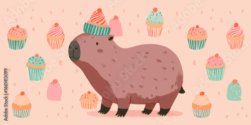 A charming illustrated brown capybara wearing a festive, colorful cupcake party hat and a gentle smile.