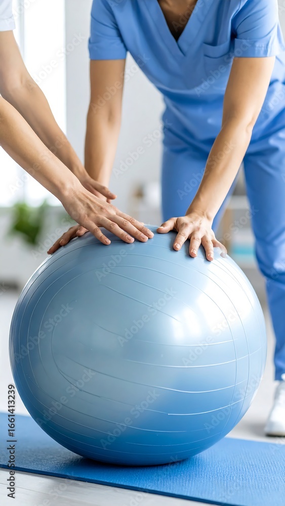 Naklejka premium Physical therapist assisting patient with exercise ball