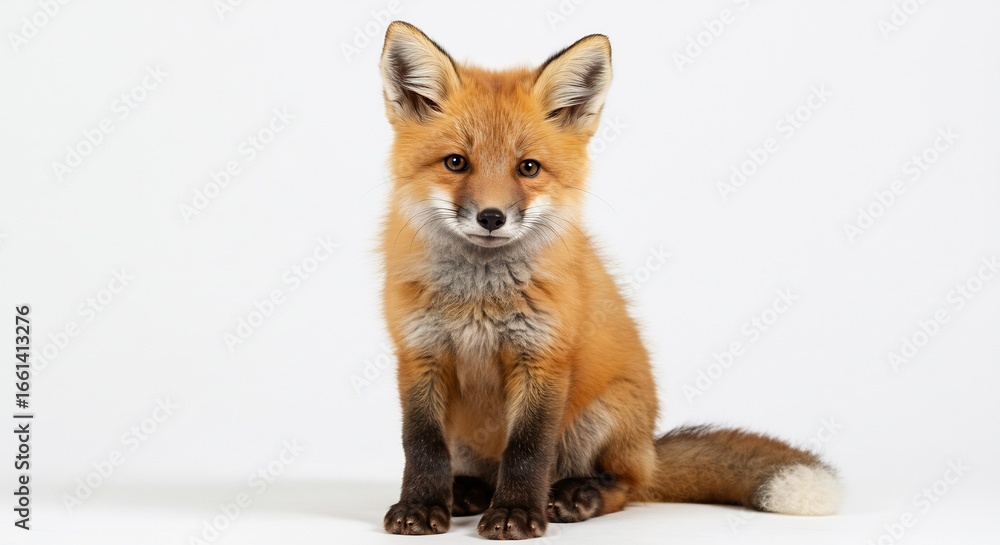 Fototapeta premium Renard roux adorable pose calme lumiere douce fond blanc. AI Generated