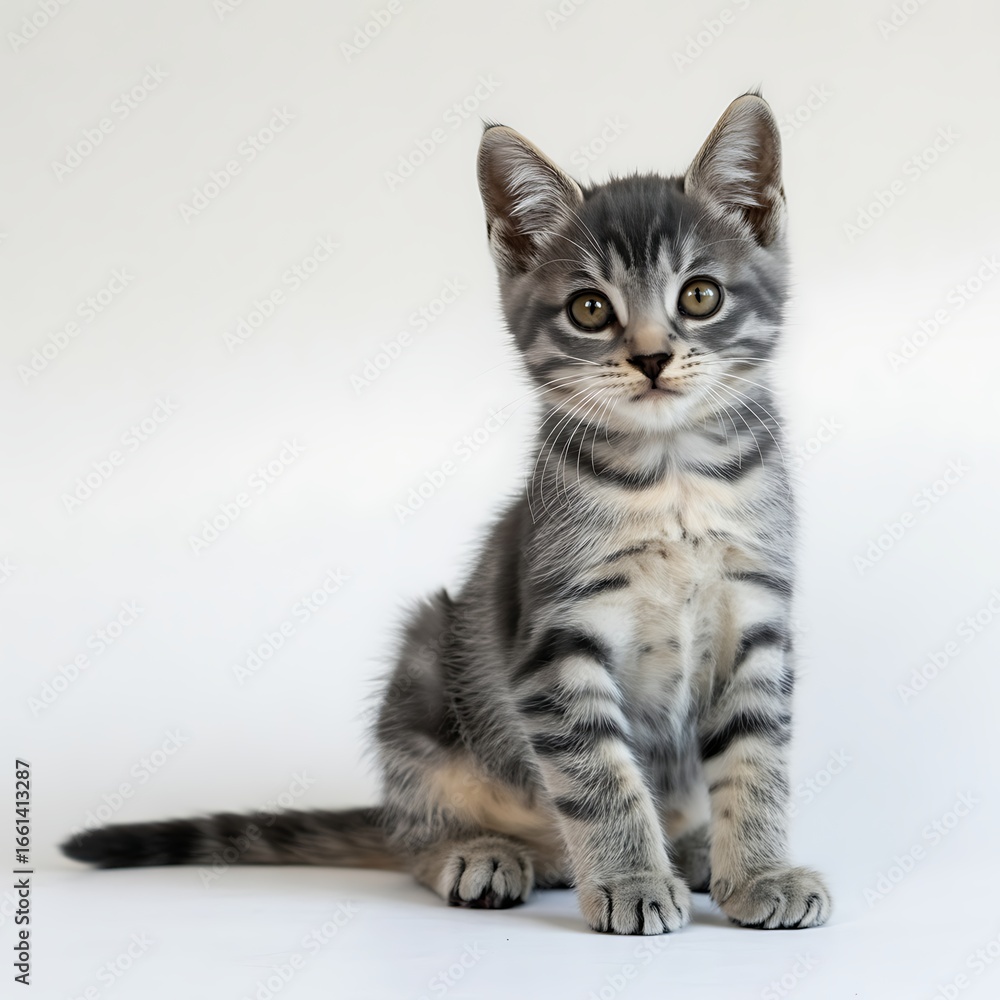 Fototapeta premium Cute gray tabby kitten sitting isolated on white background looking at camera