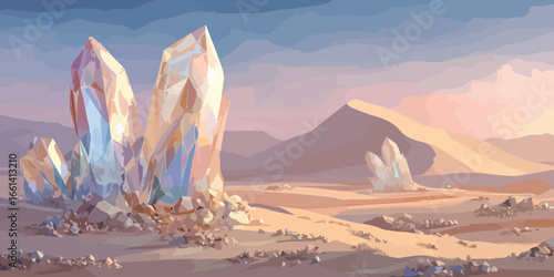 A majestic cluster of giant, faceted crystals with iridescent, translucent surfaces and a rocky base.