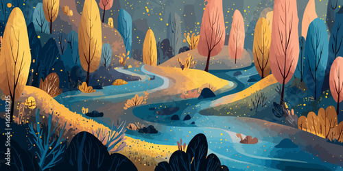 Vibrant illustrated forest landscape with a winding blue river and colorful autumn trees under a speckled sky.