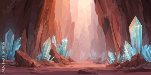 A mystical fantasy cave illustration with large, glowing blue crystals emerging from reddish-brown rocks and illuminated by a warm, bright light.