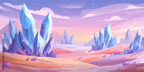 A surreal alien landscape featuring giant, sharp blue crystal formations on rolling pastel-colored hills under a purple sky.