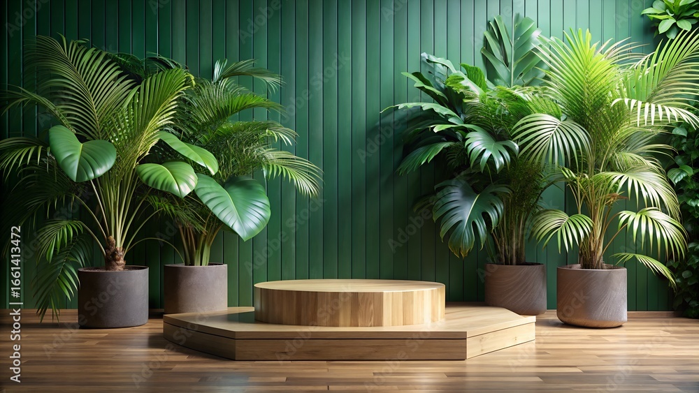Fototapeta premium Indoor jungle with lush green plants and a wooden display podium against a green wall