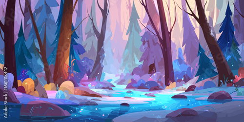 Vibrant cartoon forest landscape with a flowing river, illustrated in magical purple and blue hues.