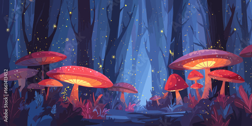 A magical forest illustration with large, glowing red mushrooms and sparkling fireflies illuminating a dark, mystical blue woodland at night.