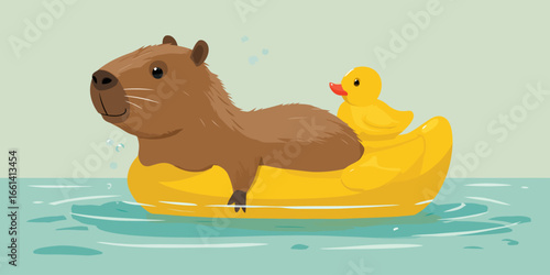 Smiling brown capybara relaxing in a large yellow rubber duck-shaped pool float.