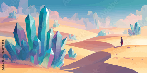 Lone traveler exploring a surreal desert landscape with large, colorful crystal formations.