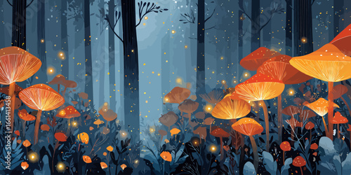Vibrant bioluminescent mushrooms with glowing orange caps illuminating a magical blue forest floor at night.