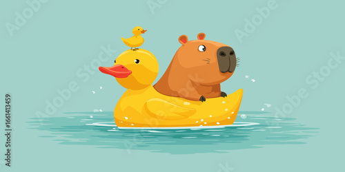 A cute cartoon capybara and a tiny duckling happily riding a giant yellow rubber duck float.