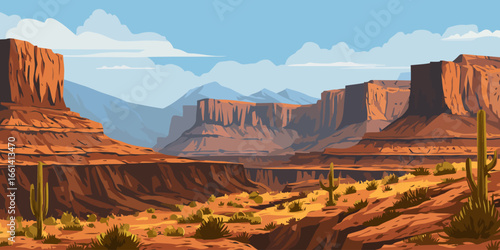Stylized illustration of a vast desert canyon with red rock formations and cacti under a blue sky.
