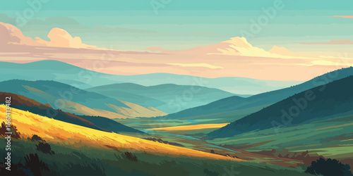 Golden light on a grassy hillside overlooking a tranquil, layered mountain valley illustration.