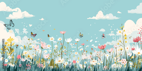 Dreamy stylized illustration of a spring meadow with colorful wildflowers and fluttering butterflies.