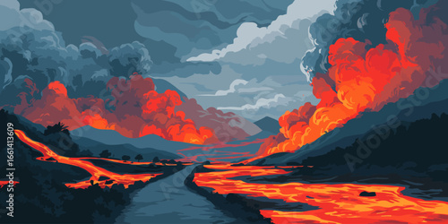 Fiery volcanic eruption landscape with flowing orange lava and billowing smoke clouds.